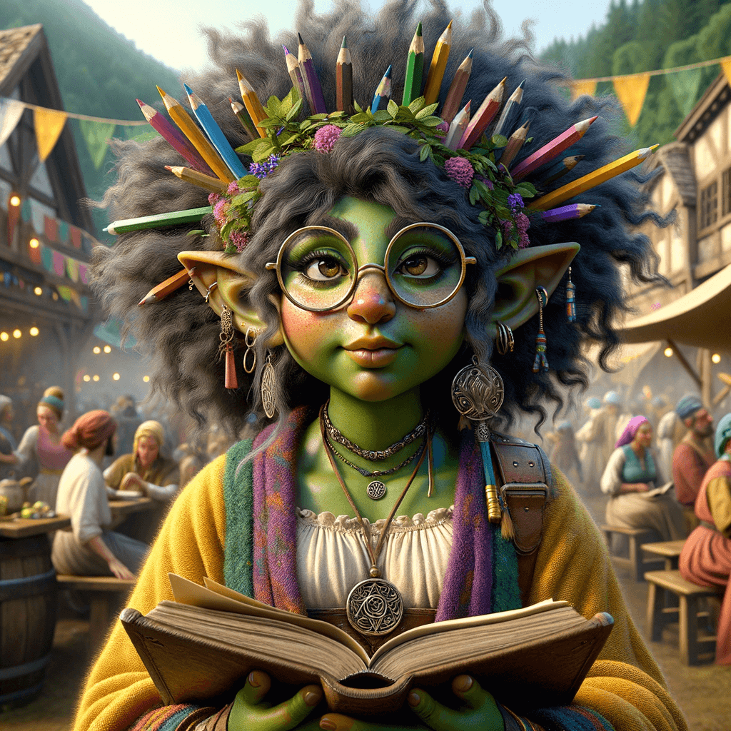 Meet Liora, a young gnome cleric with olive skin and frizzy hair adorned with pencils. Her oversized glasses magnify her keen eyes as she strolls through the town festival, her nose buried in a book, exuding a serene wisdom and a prominent holy symbol that represents her dedication to knowledge and faith.
