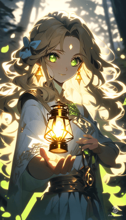 A stunning 4K anime-style digital drawing captures a Slavic folklore-themed heroine with long radiant golden hair and bright green eyes. She's adorned in a glowing light-colored dress, holding a shining lantern that illuminates shadowy woods with piercing light beams. Her radiant skin and open, unguarded expression enhance the lifelike, detailed 3D effect.