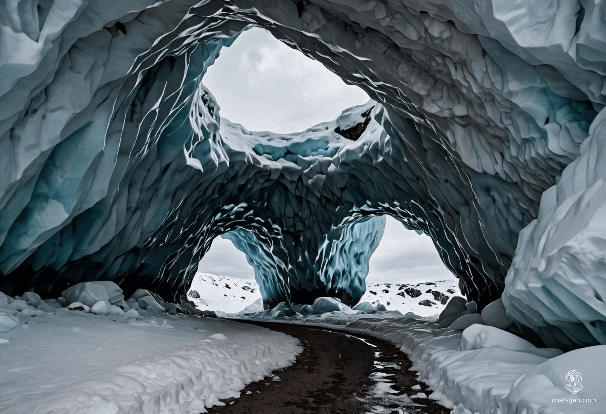 The entrance to the vast ice cave looms like a gaping maw against a backdrop of swirling, tempestuous clouds. Jagged icicles cling to the cavern's mouth, glistening ominously, while a ghostly silence envelops the landscape, untouched by footprints or whispers, hinting at secrets hidden within.