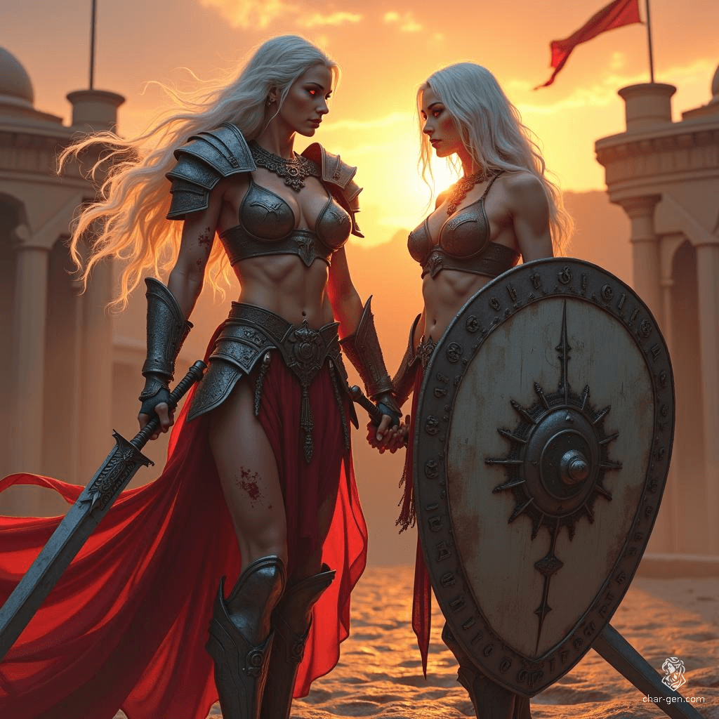 In a grand ancient gladiator arena, two formidable Drow sisters prepare for battle. The tall, fierce warrior brandishes dual swords, her flowing white hair and piercing red eyes radiating strength. Beside her, the stocky, scarred sister stands resolute with a battered shield, embodying resilience and unity in the face of danger.