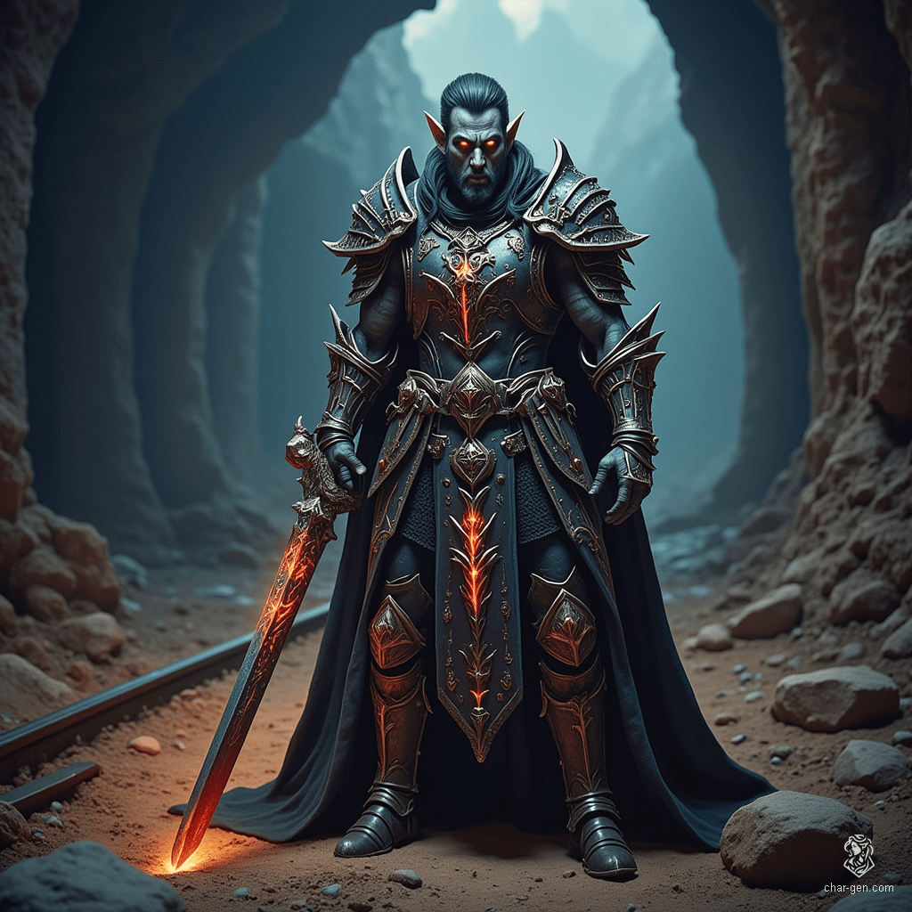 Elceran is a formidable shadar-kai fighter with raven-black hair and striking obsidian eyes. At 347 years old, his haunting presence is accentuated by his intricately detailed splint armor and a menacing greatsword. Consumed by guilt, he seeks redemption while navigating a shadowy world filled with unseen spirits.
