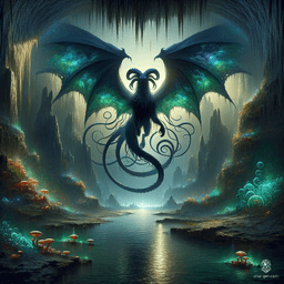 In an epic fantasy oil painting, a displacer beast crouches by a mysterious Underdark lake, its form draped in black dragon scales. Dragon-like wings with emerald tips emerge beneath its tentacles, as green acid seeps ominously from razor-sharp claws. A panther-like head merges with a lizard's snout, surrounded by cavernous darkness and ethereal mist.