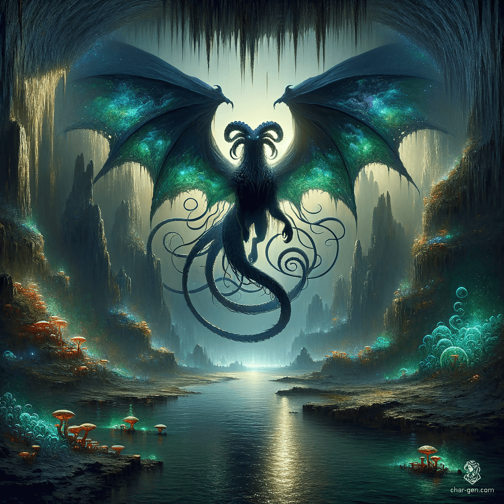 In an epic fantasy oil painting, a displacer beast crouches by a mysterious Underdark lake, its form draped in black dragon scales. Dragon-like wings with emerald tips emerge beneath its tentacles, as green acid seeps ominously from razor-sharp claws. A panther-like head merges with a lizard's snout, surrounded by cavernous darkness and ethereal mist.
