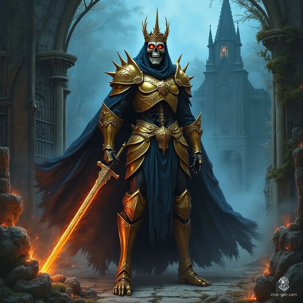 A fearsome skeletal warrior clad in ornate golden armor embossed with skull motifs, crowned and wielding a glowing sword. Draped in a dark cape, it stands amid a haunted gothic landscape, surrounded by eerie blue mist and flickering flames, embodying dark majesty and deadly power.