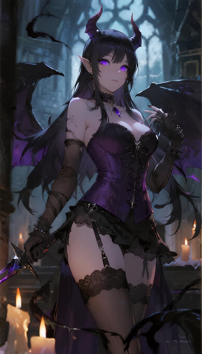 Half-demonic warlock in a deep purple corset with thigh cutouts, she grips a curved obsidian dagger as violet eyes glow. Shadow tendrils coil around her legs amid candlelit Gothic ruins; hyper-detailed lace, leather, and flickering magic lend a cinematic, grounded realism.