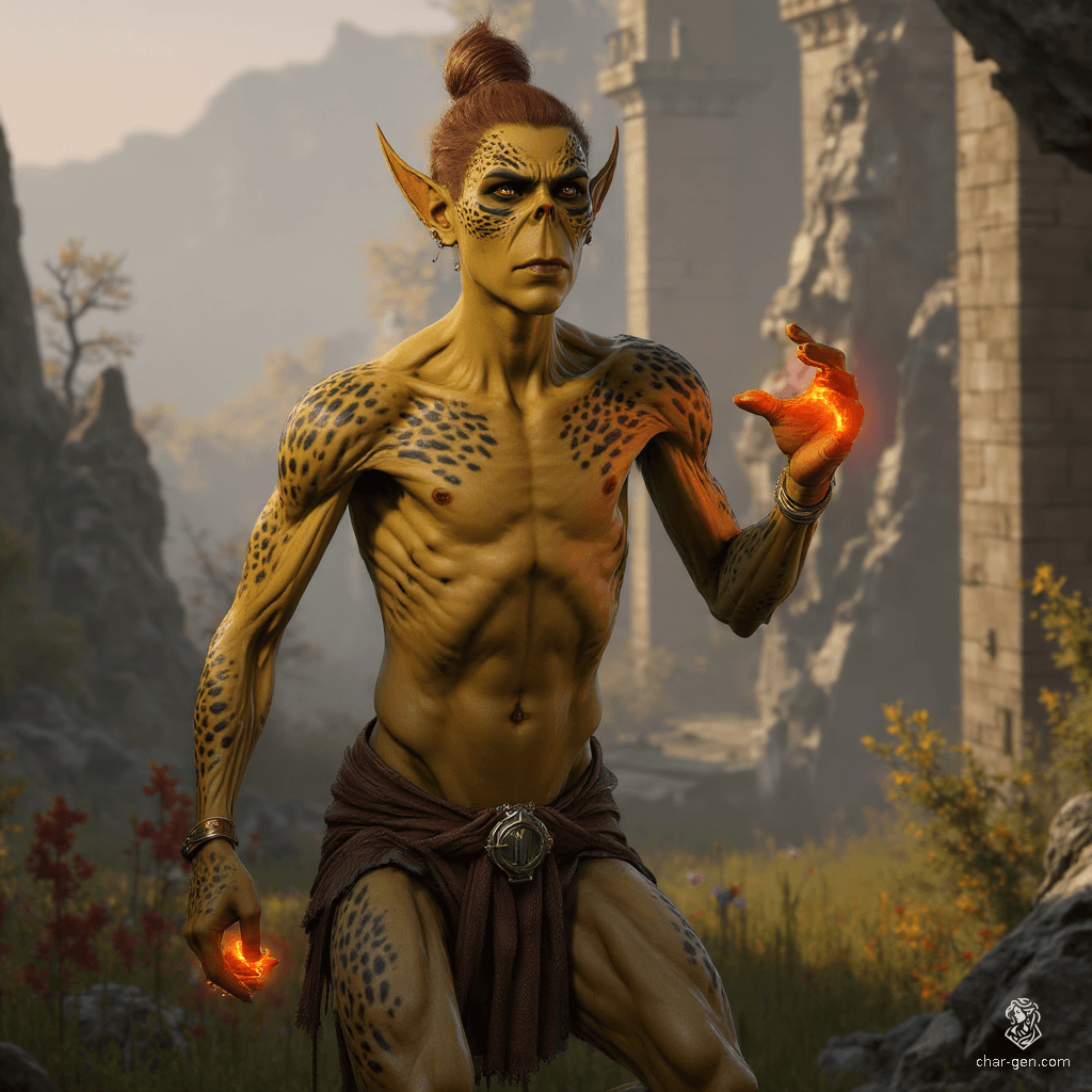 A tall, gaunt githyanki with rough, dirty yellow skin and a Voldemort-like skull nose, this enigmatic figure possesses russet hair tied in a topknot. Their haunting presence hints at both a tormented past and the raw power of their ancient, otherworldly heritage.