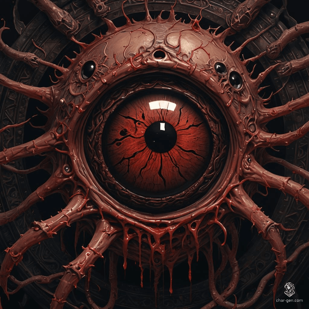 A Beholder is a floating, ball-shaped creature with bloodied, skin textured bodies and multiple eyestalks, each ending in a deadly, magical eye. Its crimson, bloodied skin contrasts sharply, invoking an aura of terror and malevolence.