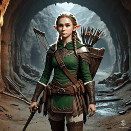 A light-skinned female elf ranger, skilled as an archer, with a keen eye and subtle yet sexy medium-length hair. Equipped with a bow and quiver, she roams the wilderness in her ranger gear, embodying both grace and deadly precision.