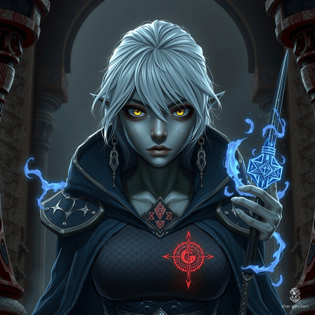A dark-skinned drow sorceress with white hair, clad in enchanted garments adorned with arcane sigils. Her presence exudes a palpable aura of magic, contrasting sharply against her distinct black skin.