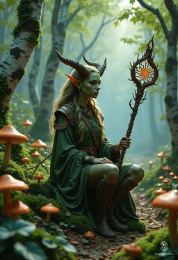 Lilith Valmoira, a tiefling druid with devilish features and vibrant green skin, finds solace in nature amidst her troubled past. Armed with a twig-adorned staff and accompanied by animal friends, she navigates the cursed forests of Barovia, seeking wisdom and belonging.