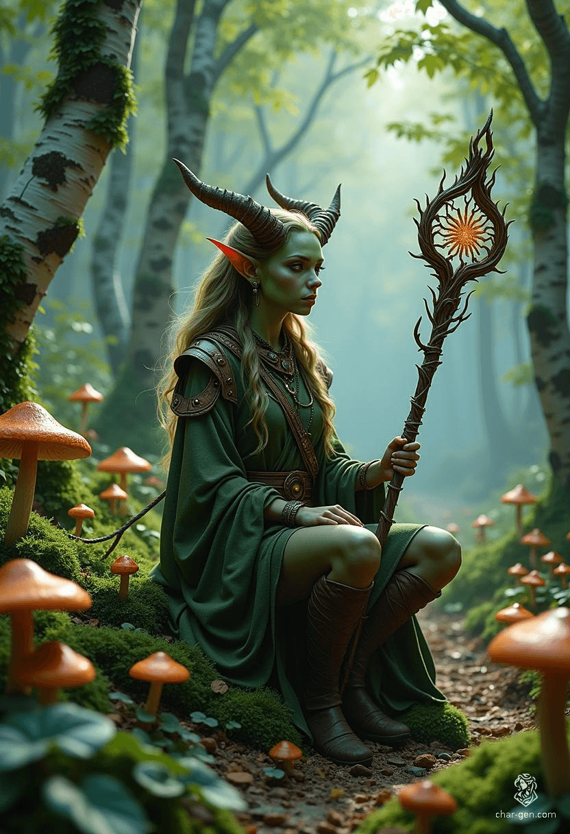 Lilith Valmoira, a tiefling druid with devilish features and vibrant green skin, finds solace in nature amidst her troubled past. Armed with a twig-adorned staff and accompanied by animal friends, she navigates the cursed forests of Barovia, seeking wisdom and belonging.