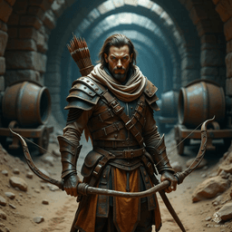 Meet Kael, a towering archer standing six feet tall and weighing 184 pounds. With striking blue eyes and warm reddish-brown hair, his light skin is marked by a prominent scar on his forehead. Confident and athletic, he commands a longbow and longsword, embodying strength and precision in battle.