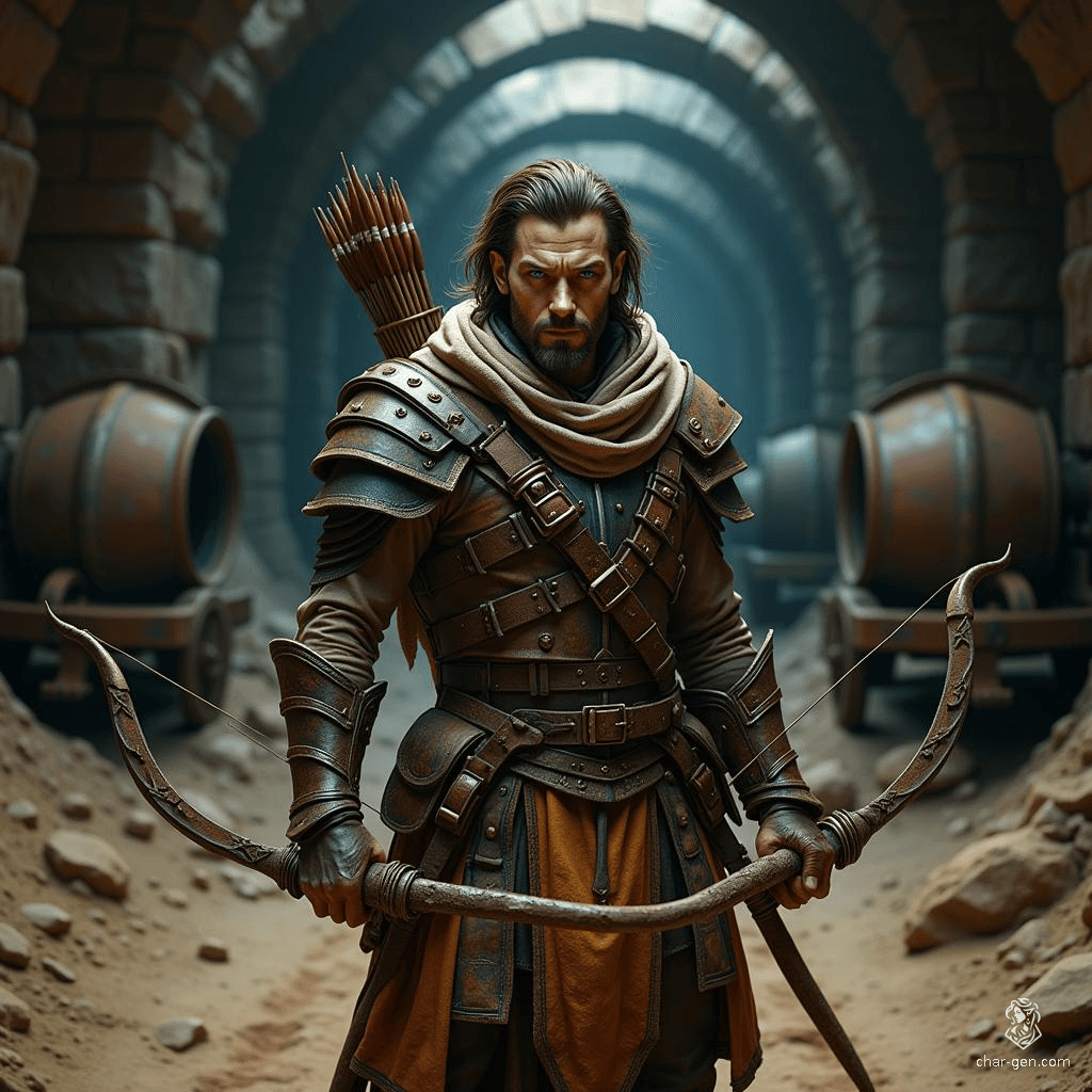 Meet Kael, a towering archer standing six feet tall and weighing 184 pounds. With striking blue eyes and warm reddish-brown hair, his light skin is marked by a prominent scar on his forehead. Confident and athletic, he commands a longbow and longsword, embodying strength and precision in battle.
