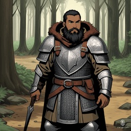 A rugged male dwarf hunter stands in the forest, his black hair and beard framed by a weathered brown hood. Clad in chainmail armor and a tan complexion, he blends seamlessly with the shadows, poised to track his quarry through the ancient trees.