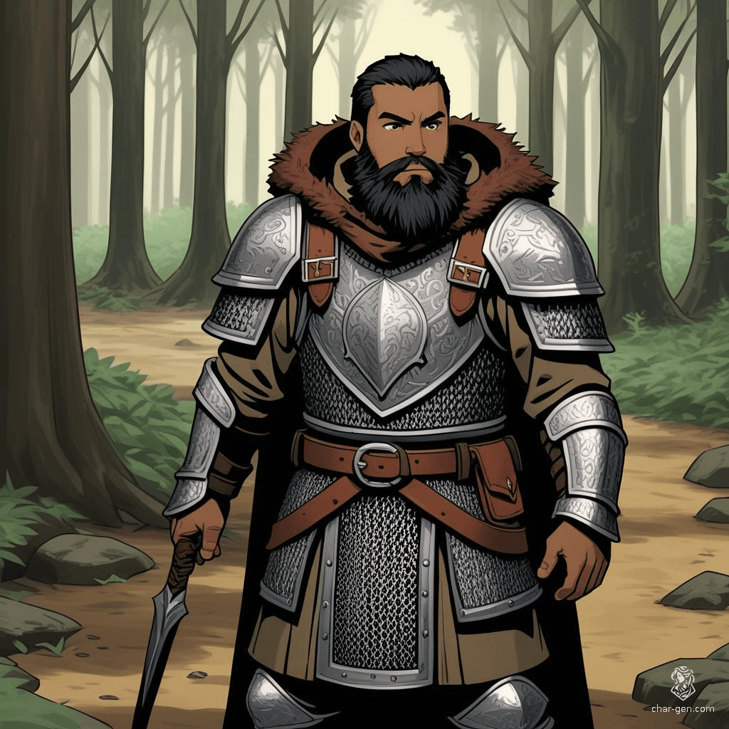 A rugged male dwarf hunter stands in the forest, his black hair and beard framed by a weathered brown hood. Clad in chainmail armor and a tan complexion, he blends seamlessly with the shadows, poised to track his quarry through the ancient trees.