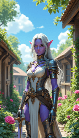 Kiara Wazanx, a 122-year-old elven fighter, stands confidently at 160 cm with a medium build. Her pale purple skin and gleaming silver-gray hair enhance her striking presence. Armed with a variety of weapons, her nimbleness and sharp intelligence make her a formidable soldier in battle.