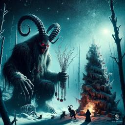 Krampus, the fearsome Christmas demon, looms in a snowy landscape, draped in dark, shaggy fur. With glowing red eyes, curved horns, and a wicked sneer, he wields birch sticks while a sack of writhing children hangs over his shoulder, exuding a chilling, foreboding presence.