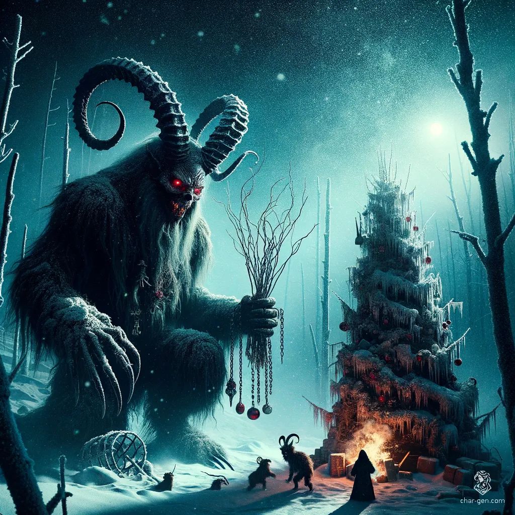 Krampus, the fearsome Christmas demon, looms in a snowy landscape, draped in dark, shaggy fur. With glowing red eyes, curved horns, and a wicked sneer, he wields birch sticks while a sack of writhing children hangs over his shoulder, exuding a chilling, foreboding presence.