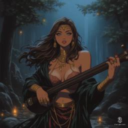 In a dark, gritty world, a captivating young bard enchants audiences with her lute and mesmerizing gestures. Her flowing light brown hair frames piercing, arcane-glowing eyes, while deep-cut robes reveal her allure. Adorned in intricate golden jewelry, she thrives as a charming charlatan, weaving swirling faerie magic under an eerie glow.