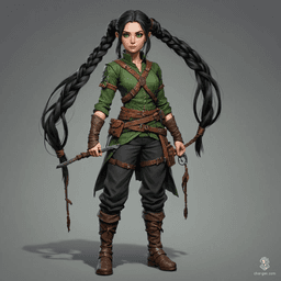 Meet Elara, a nimble halfling rogue with a single long braid of raven-black hair cascading down her back. Her vibrant green eyes gleam with mischief and cunning, perfectly complementing her agile frame. Quick-witted and stealthy, she navigates shadows with grace, always ready for her next adventure.