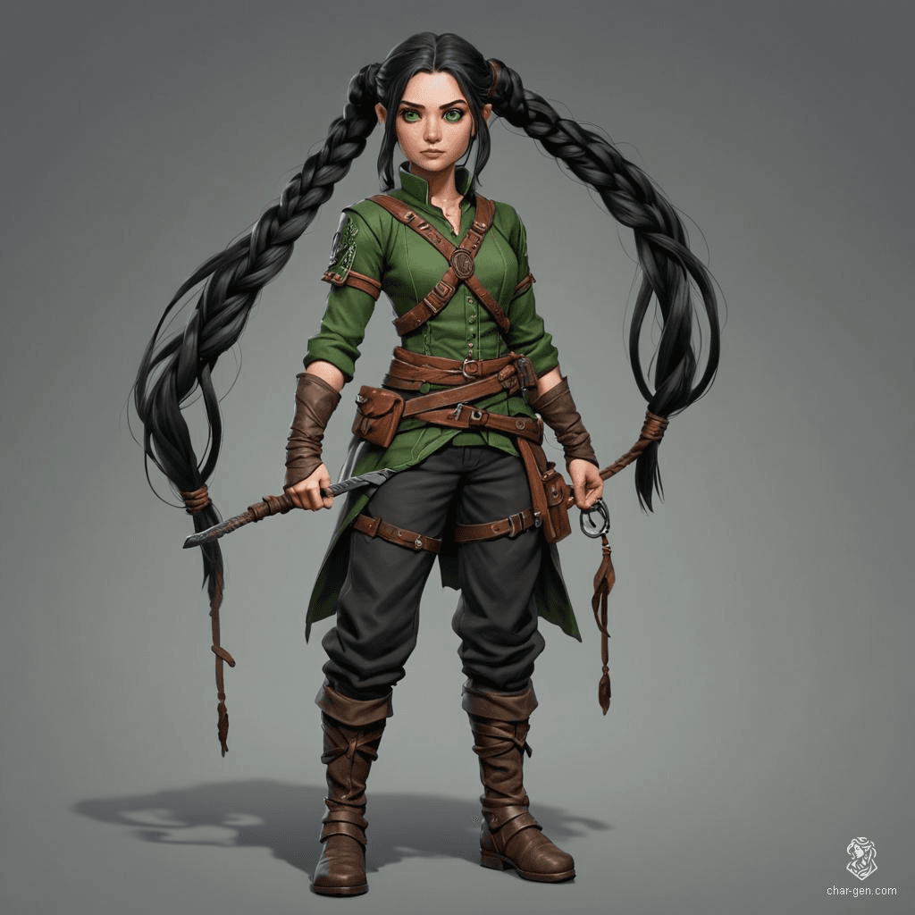 Meet Elara, a nimble halfling rogue with a single long braid of raven-black hair cascading down her back. Her vibrant green eyes gleam with mischief and cunning, perfectly complementing her agile frame. Quick-witted and stealthy, she navigates shadows with grace, always ready for her next adventure.