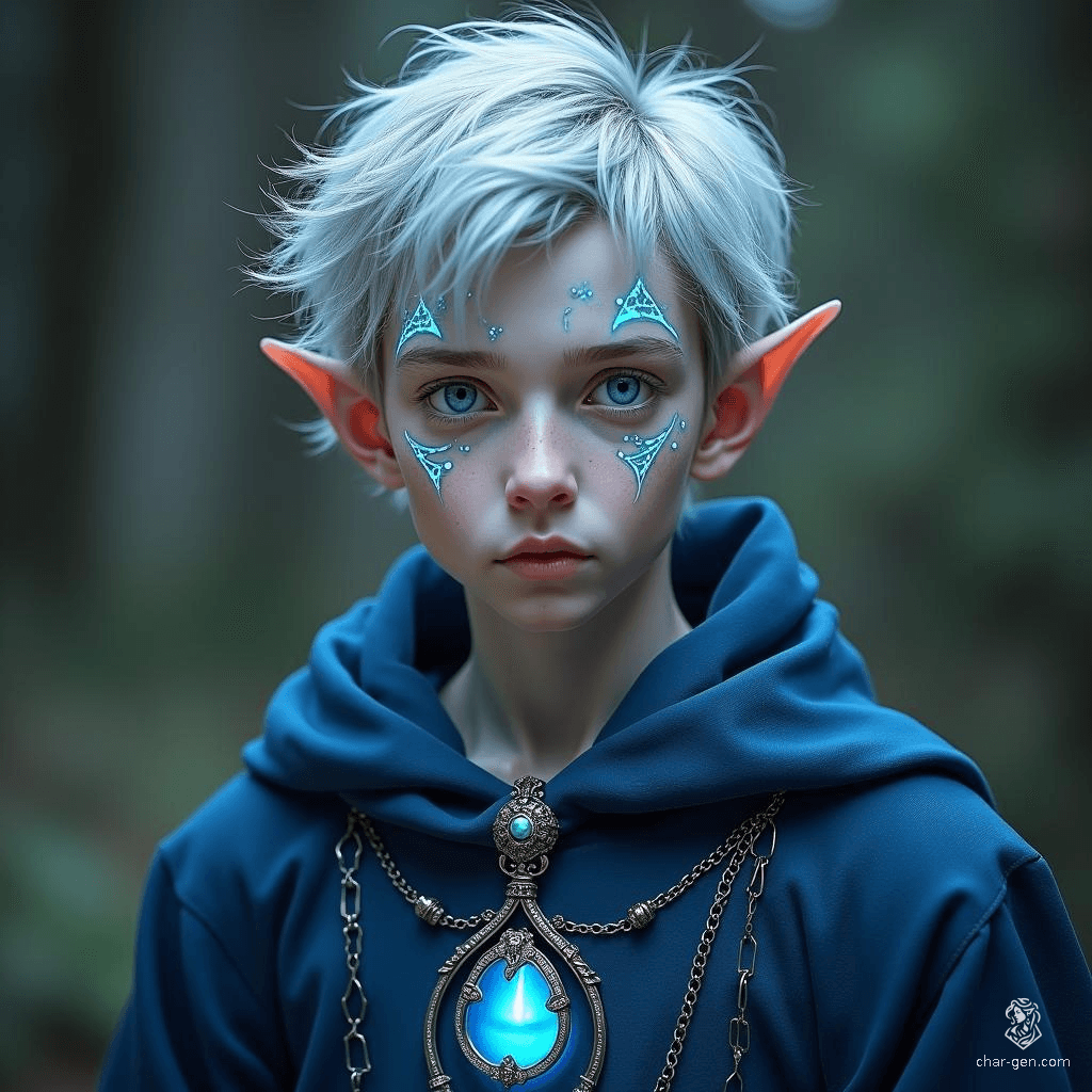 Vollaron, a frail young high elf with sharp, masculine features, possesses glowing blue eyes and intricate arcane markings beneath them. Master of chronomancy, he dons elegant, oversized blue and silver robes, enhanced by an hourglass pendant, exuding an ethereal aura filled with mystery and power.