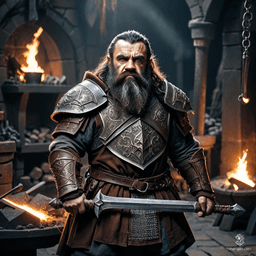 A stout male dwarf stands confidently in his armor shop, surrounded by shining suits of armor and tools of the trade. With jet-black hair and a matching beard, his tan skin glows against the backdrop of his craftsmanship. Clad in chainmail and a brown cloak, he embodies resilience and skill.