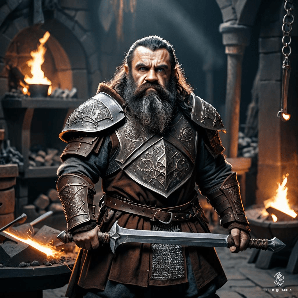 A stout male dwarf stands confidently in his armor shop, surrounded by shining suits of armor and tools of the trade. With jet-black hair and a matching beard, his tan skin glows against the backdrop of his craftsmanship. Clad in chainmail and a brown cloak, he embodies resilience and skill.