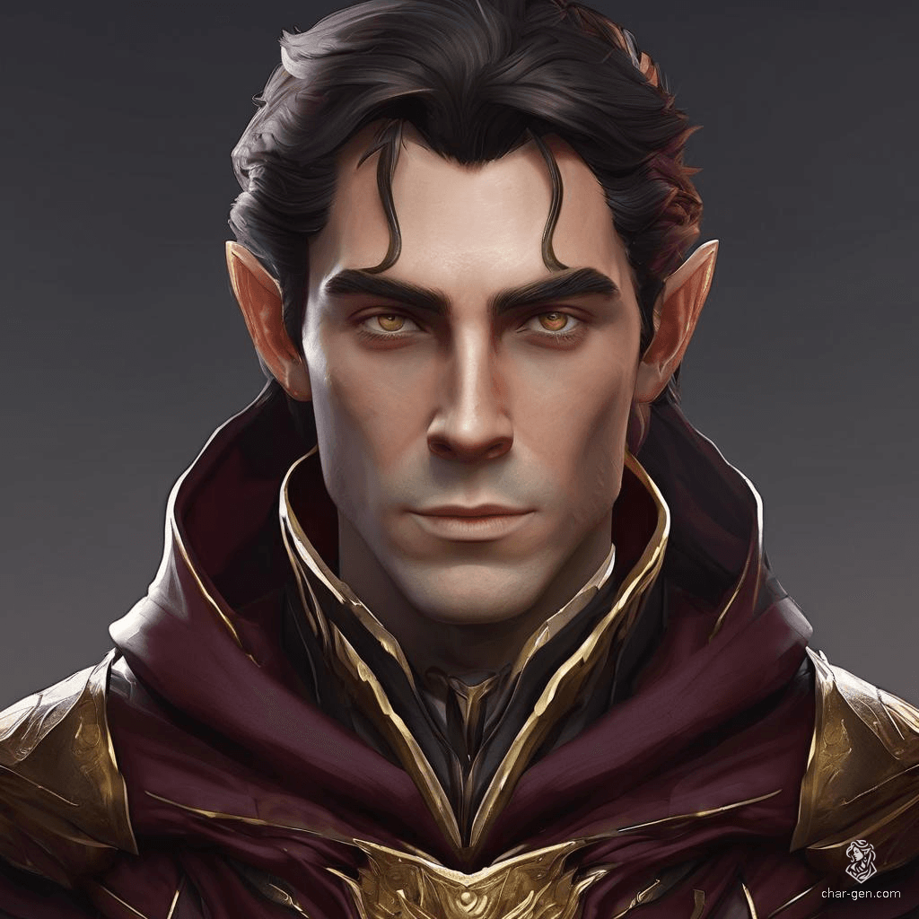 A poised Elf male wrapped in a deep burgundy hooded cloak adorned with gold details. His hood is drawn up, primarily obscuring the intricate armor beneath, lending him an air of mysterious elegance and quiet strength.