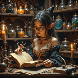 Maryam is an older, charming elf forensic investigator with tanned skin and graceful features. Her tea-colored hair, streaked with grey, is pulled back beneath a small pointed witch's hat. With bright topaz eyes and rimless spectacles, she exudes competence while deeply immersed in her witchcraft tome, accompanied by her ghostly spider familiar. Her cozy lab, filled with potions and herbal aromas, reflects her unique blend of science and magic.