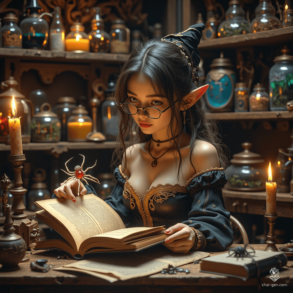 Maryam is an older, charming elf forensic investigator with tanned skin and graceful features. Her tea-colored hair, streaked with grey, is pulled back beneath a small pointed witch's hat. With bright topaz eyes and rimless spectacles, she exudes competence while deeply immersed in her witchcraft tome, accompanied by her ghostly spider familiar. Her cozy lab, filled with potions and herbal aromas, reflects her unique blend of science and magic.