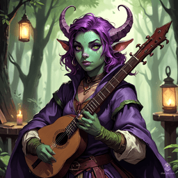 Lyrica Chantenuit, a 25-year-old tiefling-bard, captivates audiences with her enchanting lute melodies and expressive dance. With vibrant purple skin, cascading plum hair, and striking green eyes, she balances her soldier's agility and charm, journeying through realms with mischief and a hint of naivety.