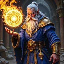 A disciplined human wizard dons blue and gold robes as he conjures a fiery orb in his outstretched hand. With sharp focus behind silver-rimmed spectacles, he channels intricate magic, embodying raw power and artistry through detailed shading and expressive lines in a captivating medieval world.