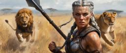A fierce female barbarian with silver braided hair, clad in leather armor and wielding a spear, stands resolute on the sunlit savanna. Flanked by two powerful lionesses, her intense gaze and vibrant presence capture the wild strength and untamed spirit of the grasslands.