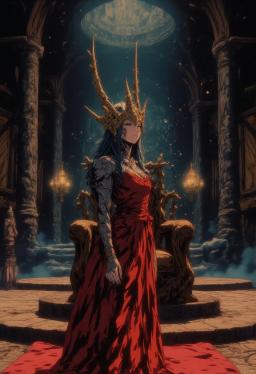 An elegant young Queen of the woods stands regally beside her throne of twisted branches, her bark-like skin glowing softly under volumetric light beams. Draped in a red spider silk gown adorned with orchid blossoms, her crown of branches and tree-trunk limbs embody her arboreal majesty.