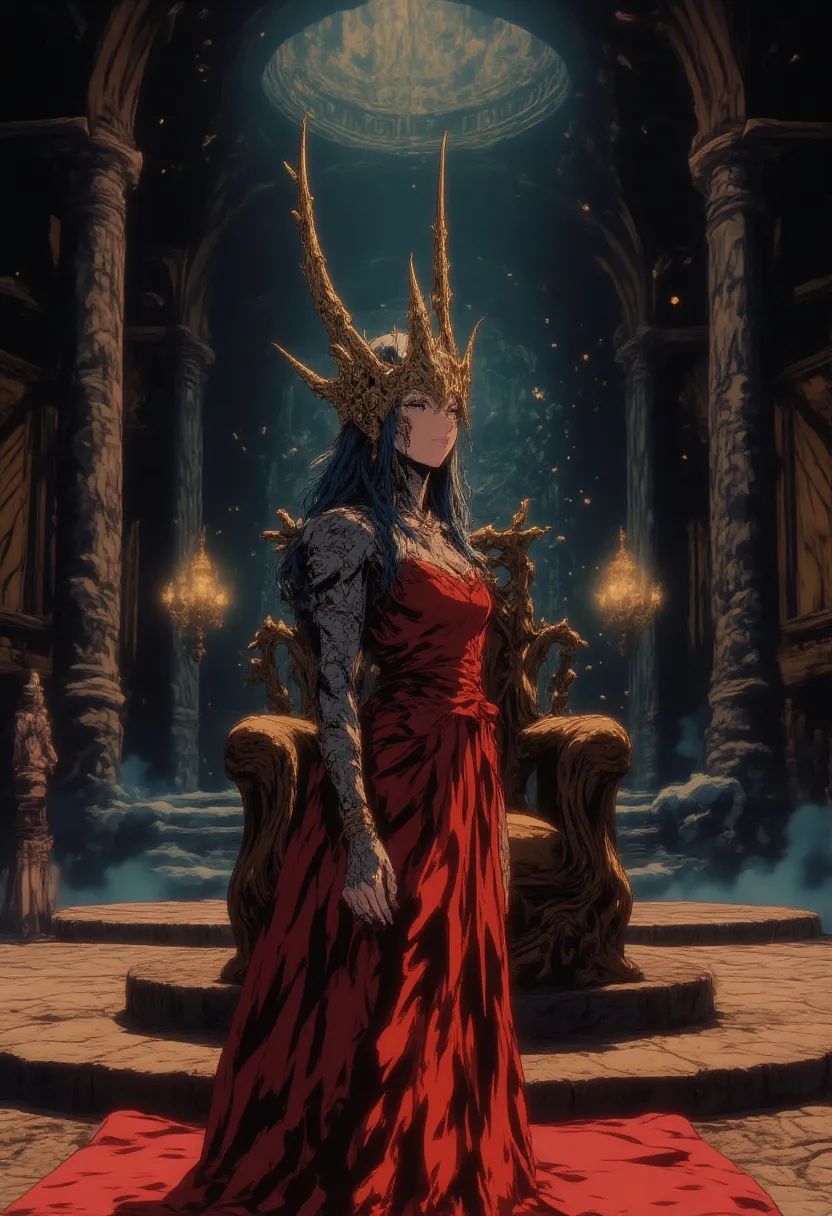 An elegant young Queen of the woods stands regally beside her throne of twisted branches, her bark-like skin glowing softly under volumetric light beams. Draped in a red spider silk gown adorned with orchid blossoms, her crown of branches and tree-trunk limbs embody her arboreal majesty.