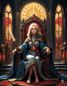 Loralyn, a serene Aasimar monk and baroness, radiates elegance from her high-backed stone throne. With golden skin, glowing eyes, and a simple yet adorned robe, she embodies warmth and authority. Poised with her quarterstaff, Loralyn remains vigilant against the encroaching darkness threatening her realm.
