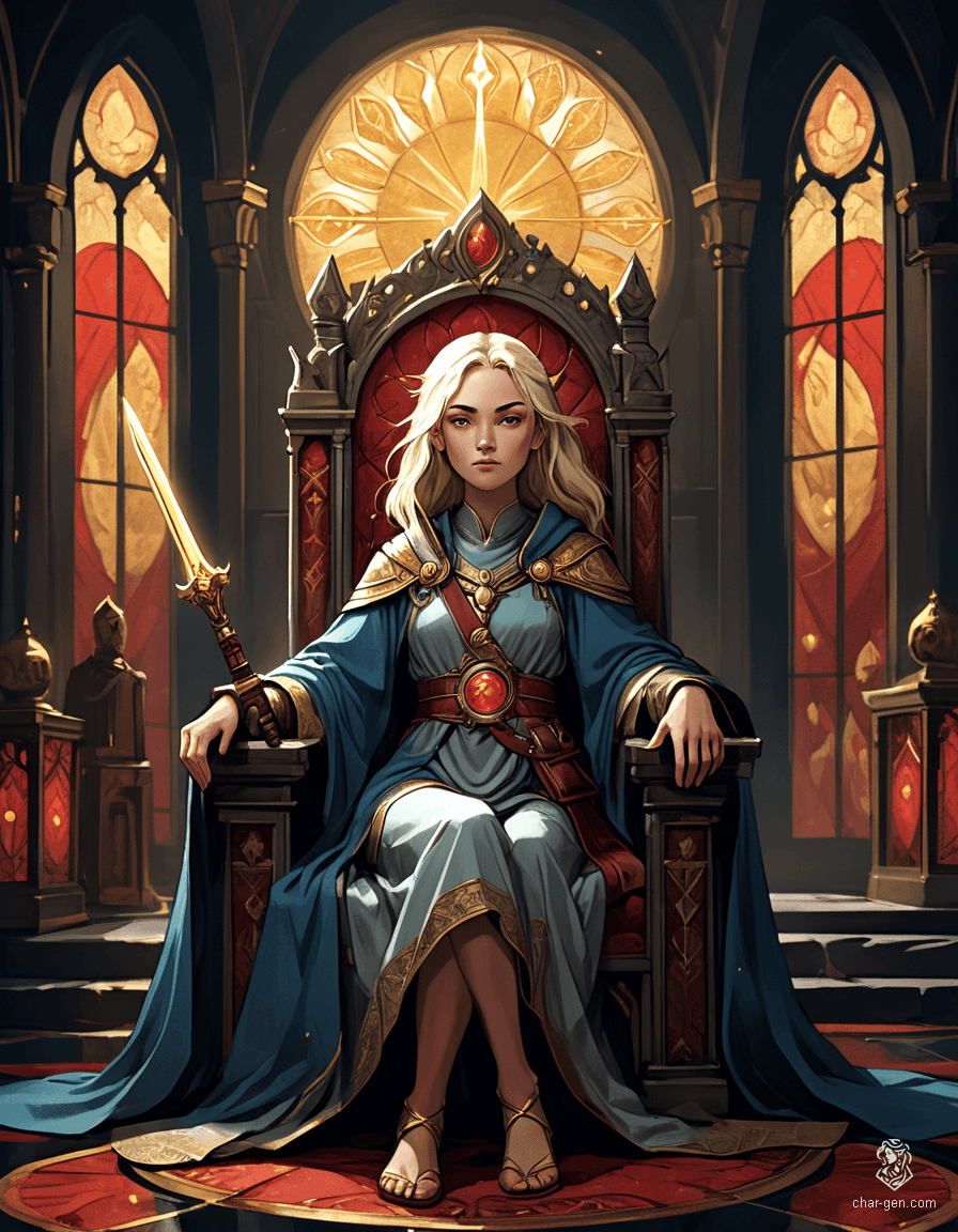 Loralyn, a serene Aasimar monk and baroness, radiates elegance from her high-backed stone throne. With golden skin, glowing eyes, and a simple yet adorned robe, she embodies warmth and authority. Poised with her quarterstaff, Loralyn remains vigilant against the encroaching darkness threatening her realm.