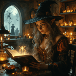 Maryam, the Apothecary Witch, is a wise and charming older elf, gracefully blending age with beauty. With her tanned skin, streaked tea-colored hair, and bright topaz eyes, she embodies competence and care. Surrounded by potions and herbs, she explores the mysteries of witchcraft, accompanied by her ghostly spider familiar.