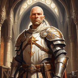 A dignified male paladin, light-skinned with balding hair, works as an armorer in an armory surrounded by suits of armor, hammers, and anvils. Clad in full templar armor adorned with a sun symbol, he crafts protection for warriors with a protective stance.
