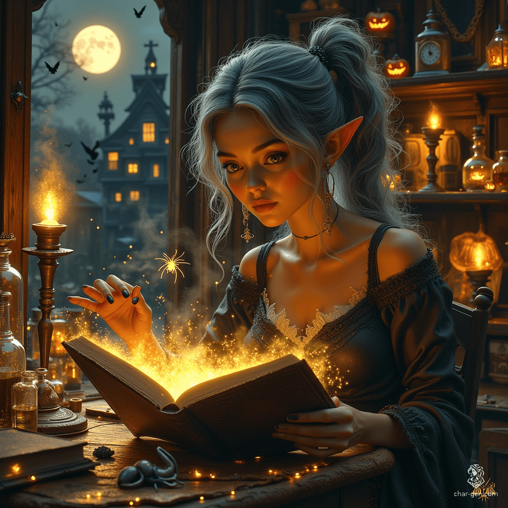 Maryam, the Apothecary Witch, is an elder elf with tanned skin and bright topaz eyes. Her flowing, tea-colored hair, streaked with grey, is pulled back, adorned with a small pointed hat. Surrounded by jars of herbs and soft candlelight, Maryam embodies wisdom and warmth, deeply immersed in her mystical studies, while her ghostly spider familiar hovers nearby, sharing in her enchanting pursuits.