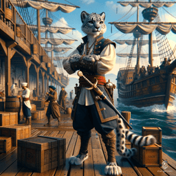 Soc123's character is a calm, nimble, and iconic snow leopard-like humanoid monk with a strong grip on a rapier. This medium-build sailor captain features fluid movements and a serene expression, embodying grace and leadership on oceanic voyages.