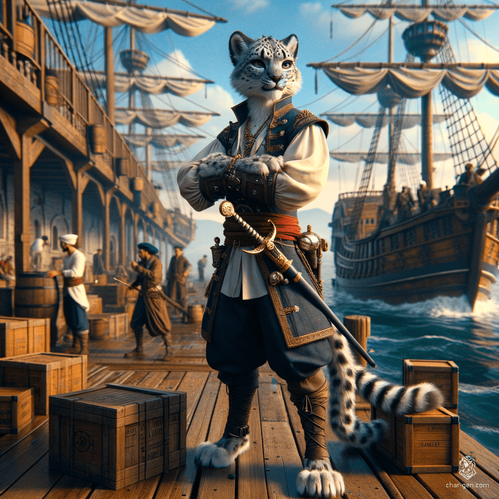 Soc123's character is a calm, nimble, and iconic snow leopard-like humanoid monk with a strong grip on a rapier. This medium-build sailor captain features fluid movements and a serene expression, embodying grace and leadership on oceanic voyages.