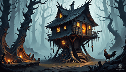 In a dark, painterly forest filled with dense fog and twisted trees, a warped wooden hut stands on long, spindly chicken legs with gnarled joints. Glowing runes adorn its twisted walls, while eerie mushrooms cast an eerie glow, enhancing the unsettling atmosphere.