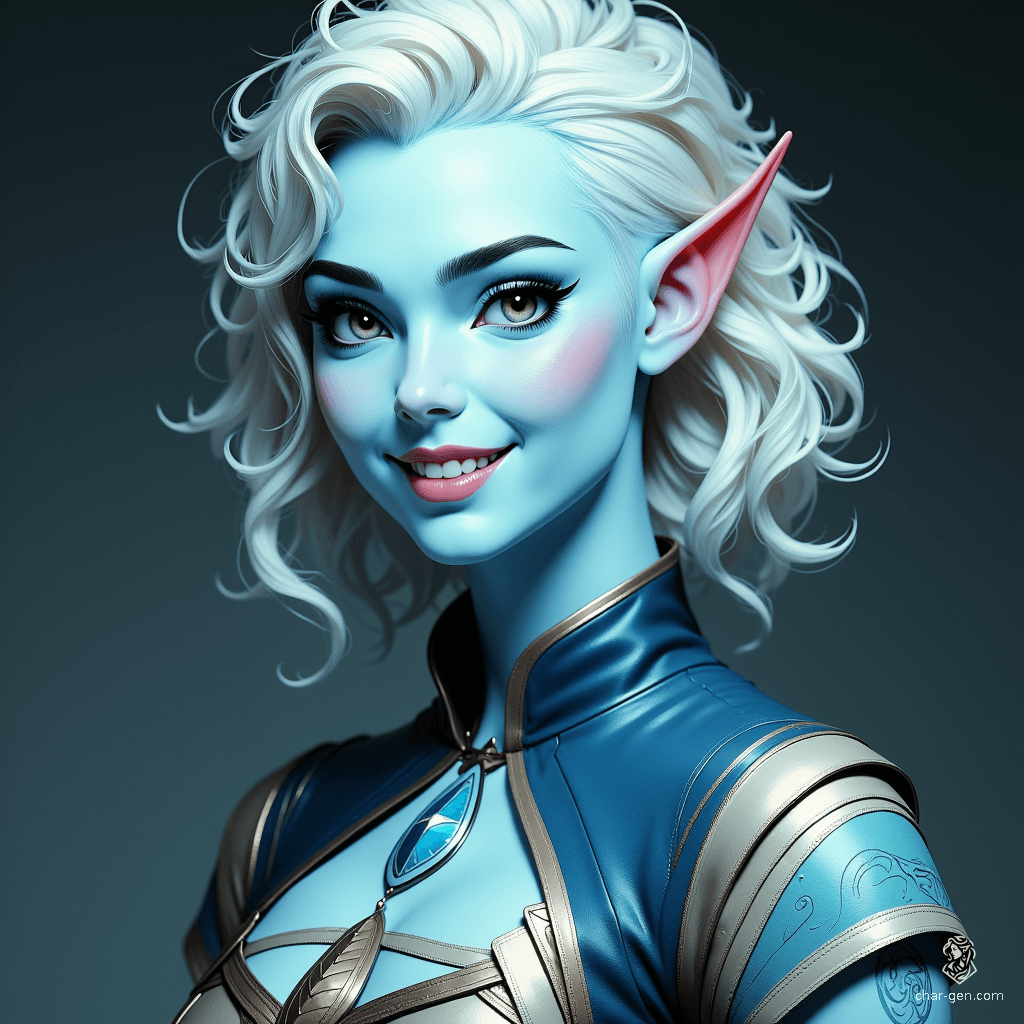 Meet Zylyra, a joyful Tiefling with vibrant light blue skin and striking white hair shaved on the sides. Her curvy form emanates confidence, and her hyperrealistic features bring her to life in stunning 4K detail, radiating charm and positivity in every moment.