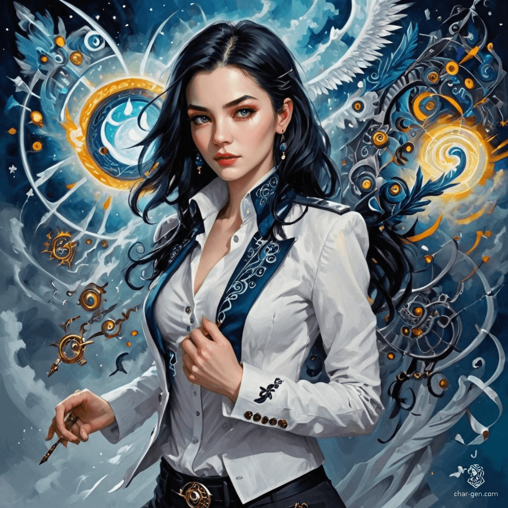 Astrid Ashpool is a genetically engineered warlock from the noble Ashpool family. Adorned with arcane sigils and a charming presence, she has fair skin, gray eyes, and jet-black hair. Often aloof, she wears a white shirt, black jacket with blue embroidery, and a gray ascot, furthering AI Wintermute's interests.