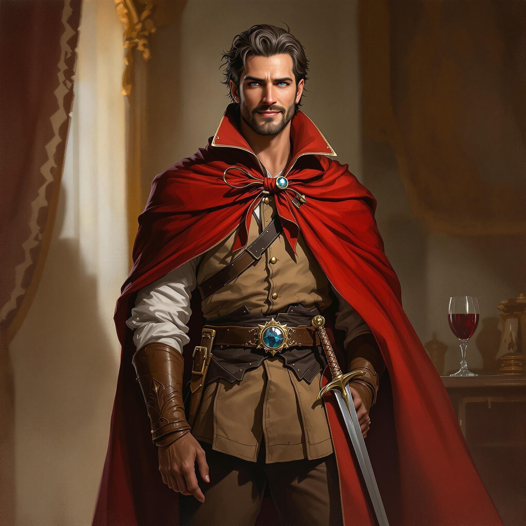 A grounded, diverse human male in his early 30s, radiating mature wisdom and resilience. His most striking feature is his odd-colored eyes—one blue, one brown—giving him an enigmatic yet approachable presence that blends effortlessly into any realm he journeys through.