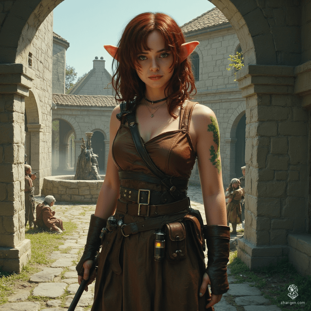 Izzy is a youthful, grizzled halfling assassin with pale skin and patches of shimmering green scales. Her striking yellow-green, snake-like eyes and mischievous half-smile mask her lethal competence. Clad in brown leather armor and equipped with poisons, she embodies the thrill and danger of the hunt.
