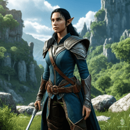 Vex'ahlia, a 28-year-old female half-elf, is a nimble and keen-eyed ranger known for her stealth and hunting skills. Raised in an elven city but unaccepted, she left to embrace the wilderness and gained a loyal bear companion, Trinket.