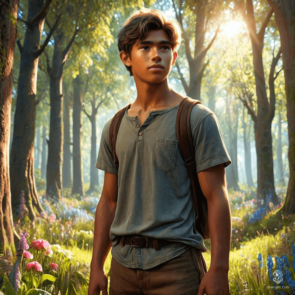 A 16-year-old male, standing 5'9", with broad shoulders and a strong build. He has tan olive skin, light brown eyes, and thick dark brown, shaggy hair. A ranger and farmer, he wields hoes and scythes, dressed in late 1800s farmer's attire.